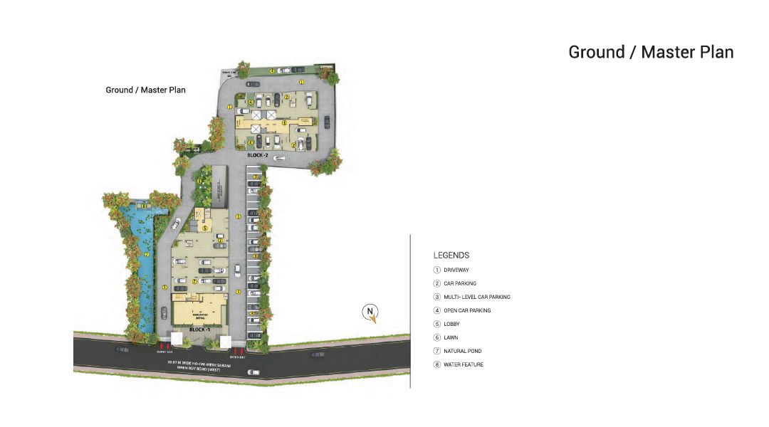 Labelled ground and master plan showing the two blocks, parking and water feature at Merlin Next.