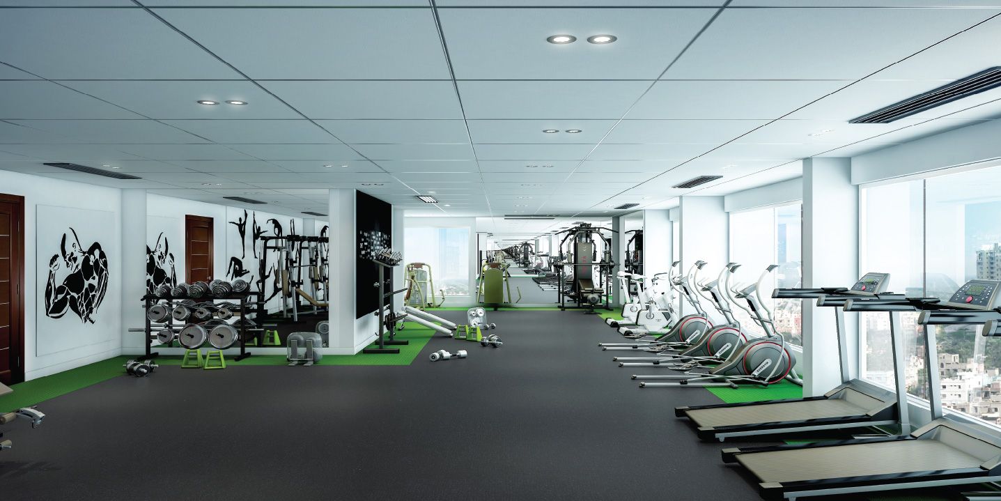 Architectural rendering of the gym at Merlin Next with treadmills and strength equipment.
